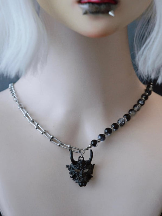 Black Gothic Demon Mask Pendant Beaded Necklace