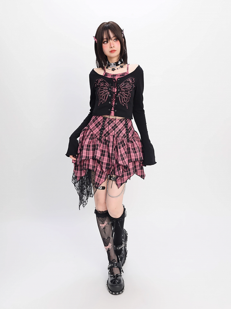 Y2K Lace-up Front Butterfly Print Black and Pink Plaid Top Faux Two-pieces
