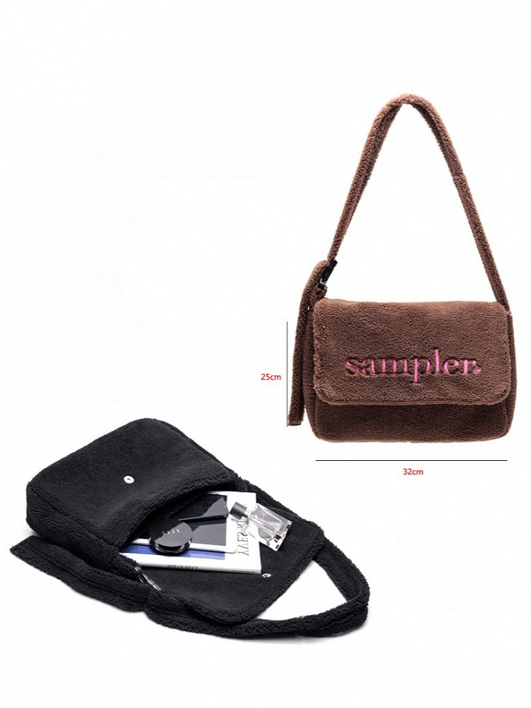 Elegant Black Letter Embroidered Fuzzy Tote Bag- Perfect For Fall And Winter
