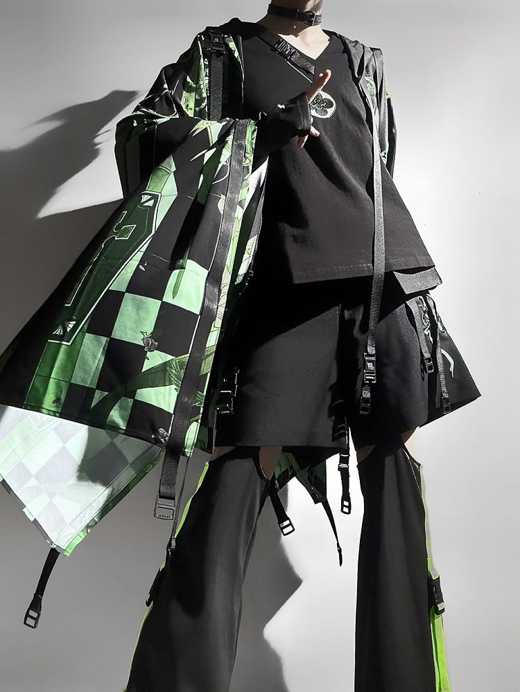 Black Ouji Fashion Buckle Strap V-neck Techwear T-shirt