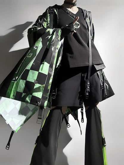 Black Ouji Fashion Buckle Strap V-neck Techwear T-shirt