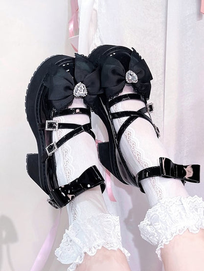 Black Rhinestone Bowknot Jirai Kei Platform High Heels