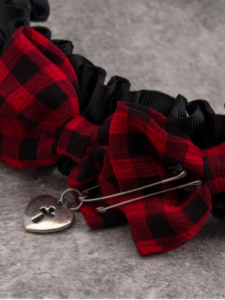 Black Ruffle Trim With Double Plaid Pattern Bowknots Heart And Pins Details Design KC