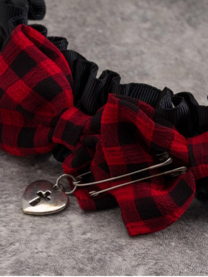 Black Ruffle Trim With Double Plaid Pattern Bowknots Heart And Pins Details Design KC