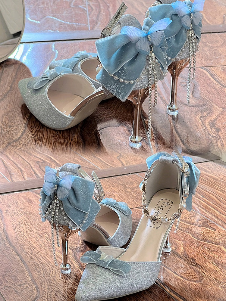 Silver & Blue Butterfly and Bowknot Tassel 5CM/8CM Hime Lolita Heels