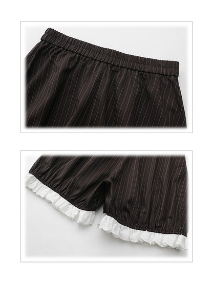 Plus Size Black Striped Ruffled Trim Set: Overall Skirt with Adjustable Straps & Elastic Waist Bloomers