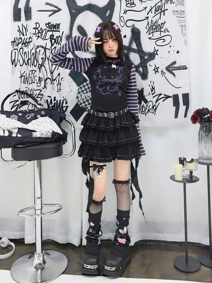 Black Cascading Ruffles Stud Details Balletcore Tiered Skirt