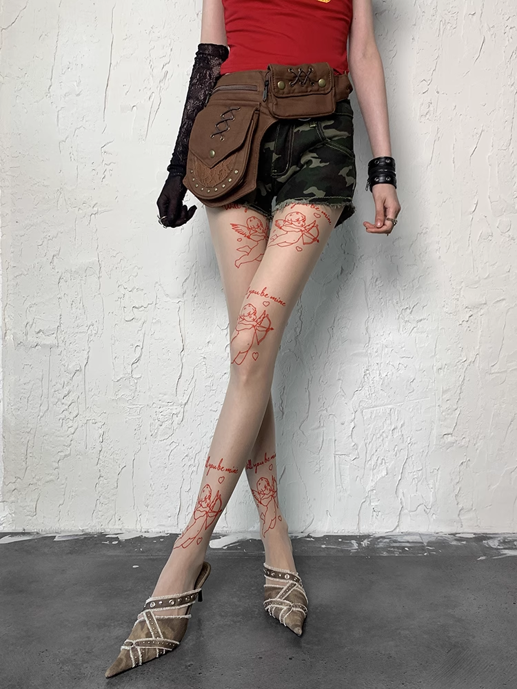 Y2K Nude Cupid Print Tights