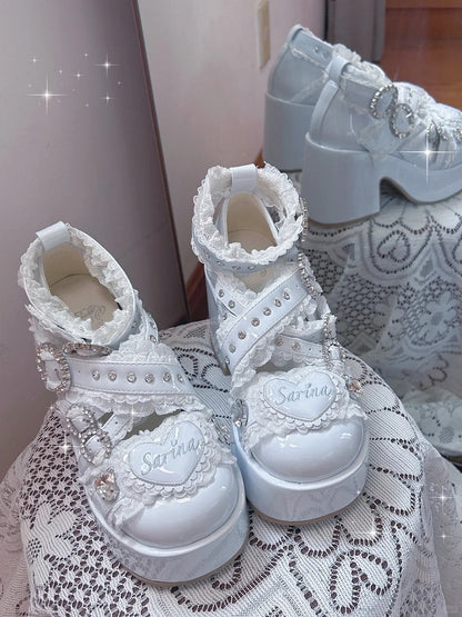 Jirai Kei Tenshi Kaiwai Platform Heels: Light Blue Criss-Cross Buckle Straps with Lace & Rhinestone Details