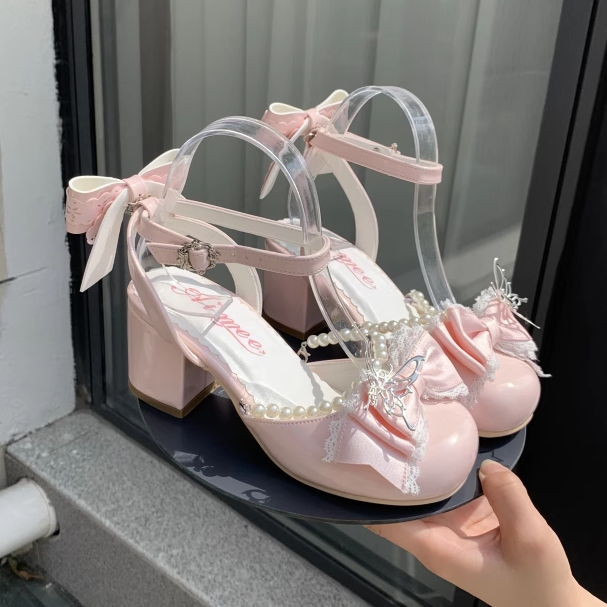 Silver Butteffly Decorated Bow at Top Pink 6CM Block Heels Sweet Lolita Mary Jane Shoes