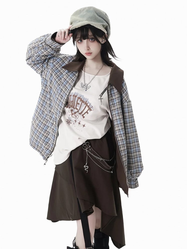 Asymmetrical Handkerchief Hem Brown Skirt with Waist Chain and Strap Accents