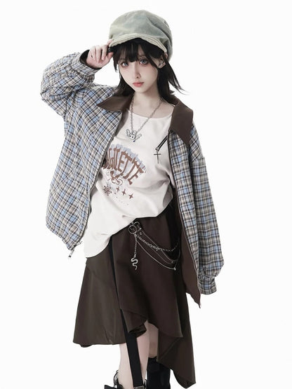 Asymmetrical Handkerchief Hem Brown Skirt with Waist Chain and Strap Accents