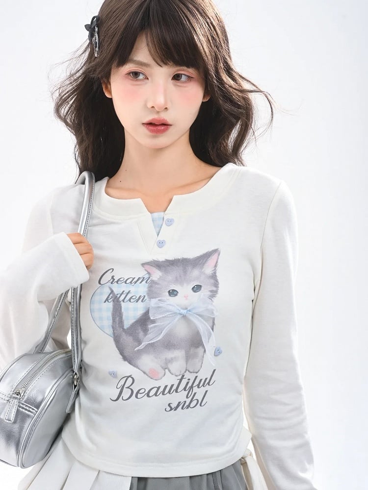 Adorable Cartoon Kitty Print Sweetheart Button Details White Faux Two-pieces Top