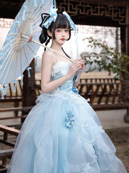 Plus Sizes Available Blue Princess Lolita Boned Waist Top + High-low Cascading Flounce Skirt