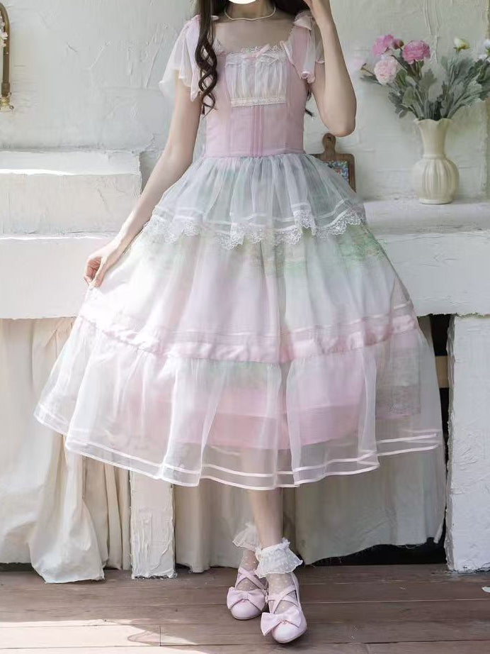 Oil Painting Water Lily Print Light Pink Square Neckline and Flutter Sleeves One Piece