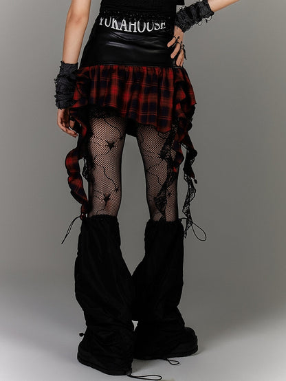 Y2K Asymmetrical Ruffled Red Plaid Hem Black PU Punk Skirt