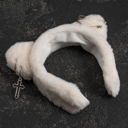 Metal Cross Goth White Plush Kitten Ears KC