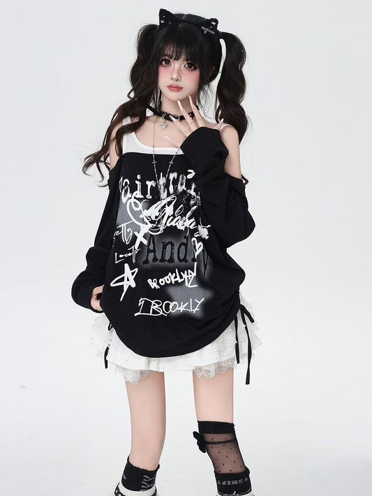 Y2K Star Print Open Shoulder Black/White Top Faux Two-pieces