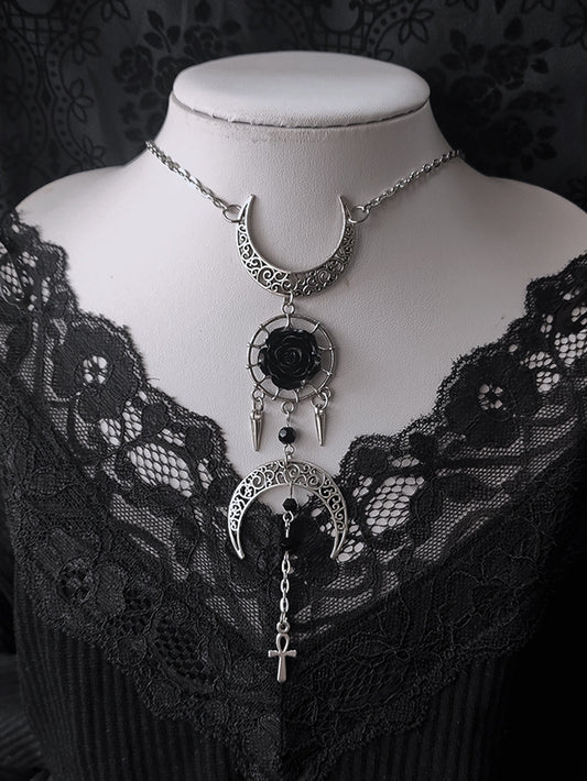 Gothic Moons and Rosette Punk Necklace Silver and Black