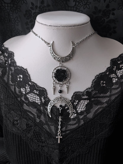 Gothic Moons and Rosette Punk Necklace Silver and Black