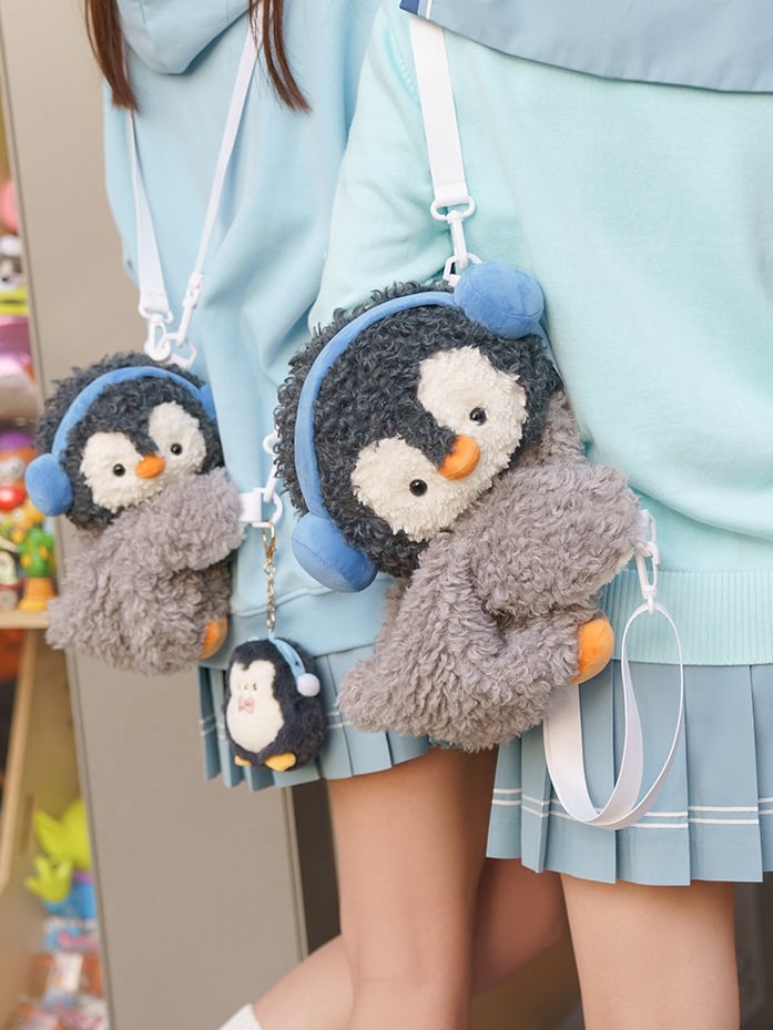 Gray Cute Penguin Plush Backpack/Crossbody Bag + Keychain