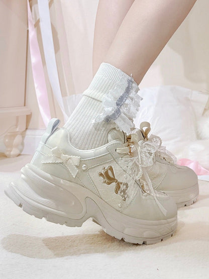 White Beaded Decorated Bowknot Details Front Lace-up Ties Sneakers