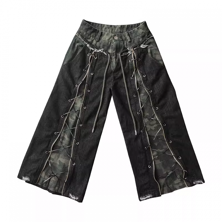 Camouflage Lace-up Front Punk Rock Distressed Straight-leg Jeans