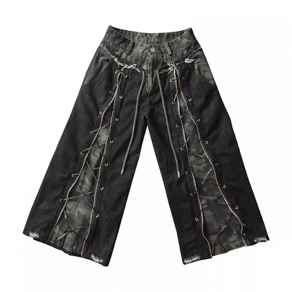 Camouflage Lace-up Front Punk Rock Distressed Straight-leg Jeans