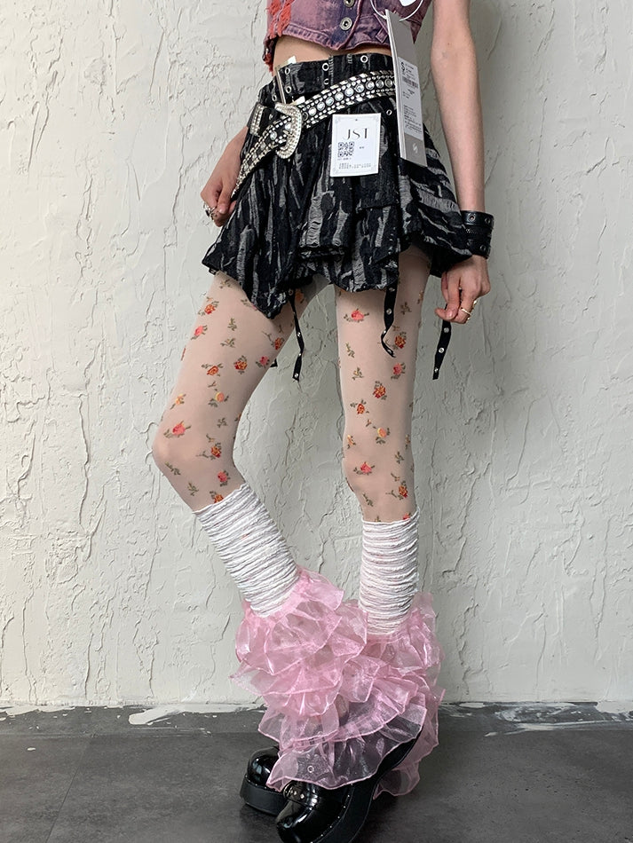 White Y2K Floral Pattern Tights + White&Pink Y2K Multi-layered Lace Trim Leg Sleeves Set