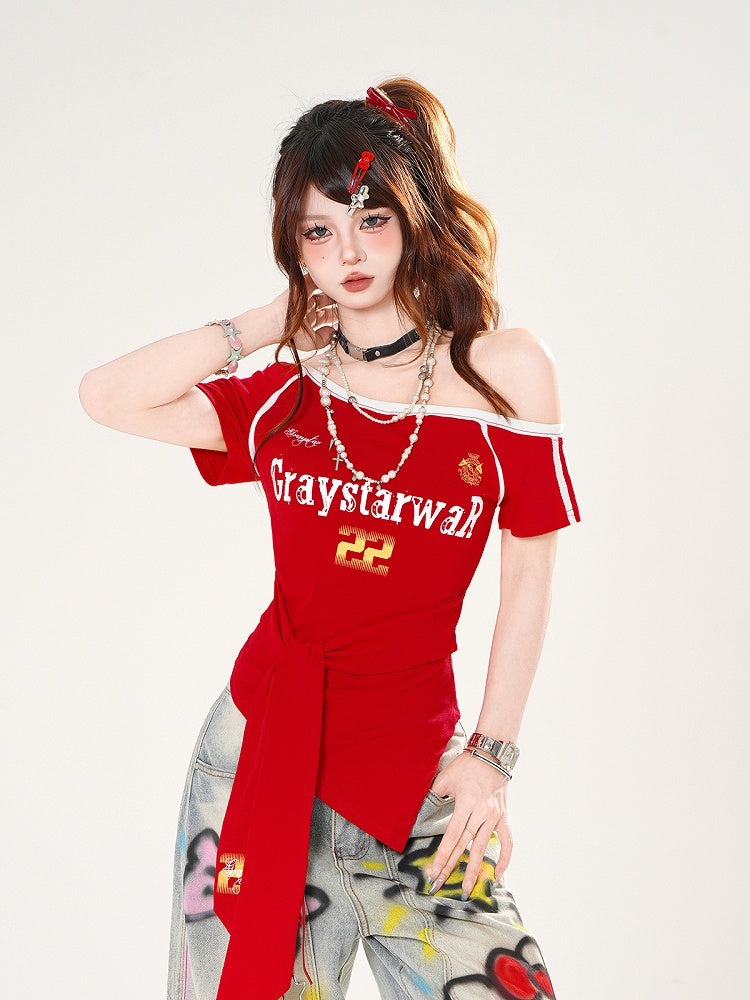 Red/Blue Asymmetrical Neckline Blokette Core T-shirt Self-tie Straps at Waist