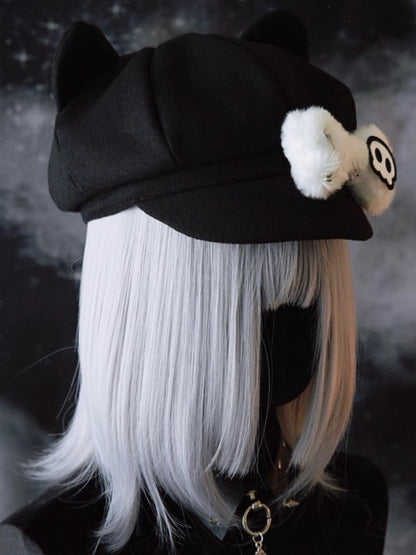 Black Gothic Skeleton Applique Pin Decorated Plush Bone Design Cat Ear Beret Hat