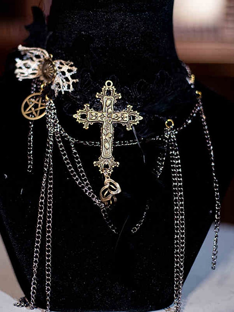 Bat Wing and Cross Tassel Gothic Halloween Choker
