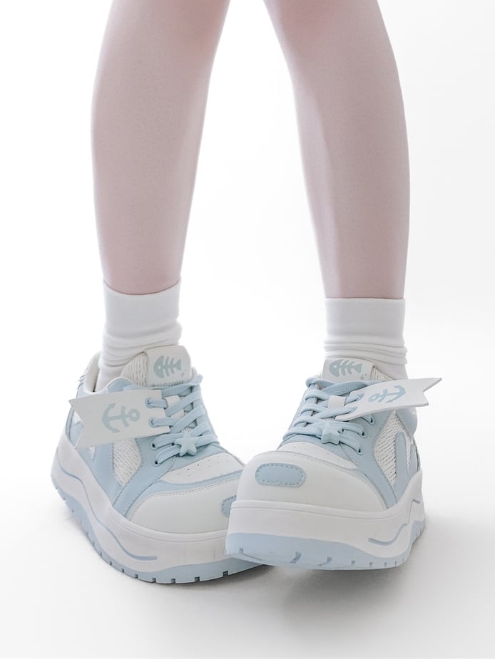 Light Blue Tenshi Kaiwai Anchor And Fish Bone Decorated Front Lace-up Ties Platform Sneakers