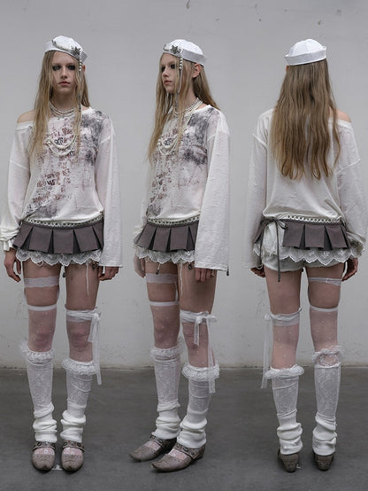 Blue/Beige Wasteland Punk Letter Print Asymmetrical Neckline Long Sleeves Top