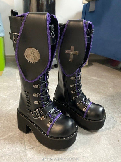 Bad Bunny Lace Trim Bunny Ears Platform Boots Black&Purple PU Gothic Shoes