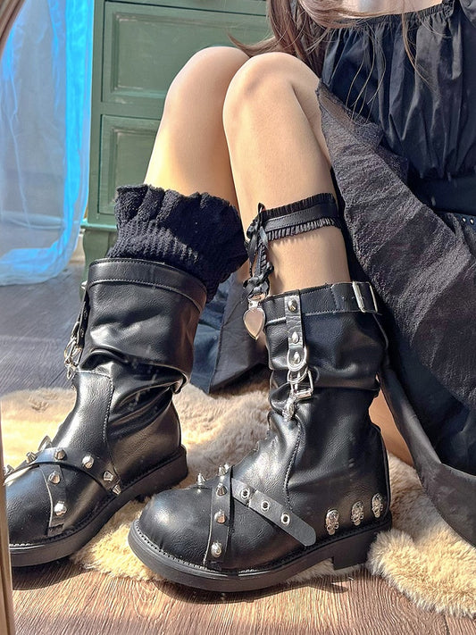 Black Stud and Skeleton Detail Punk Boots