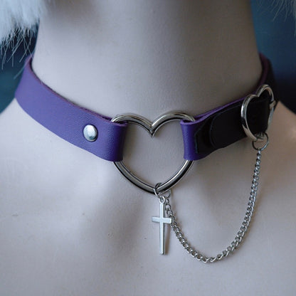 Purple Gothic Cross And Chain Pendant Heart Choker