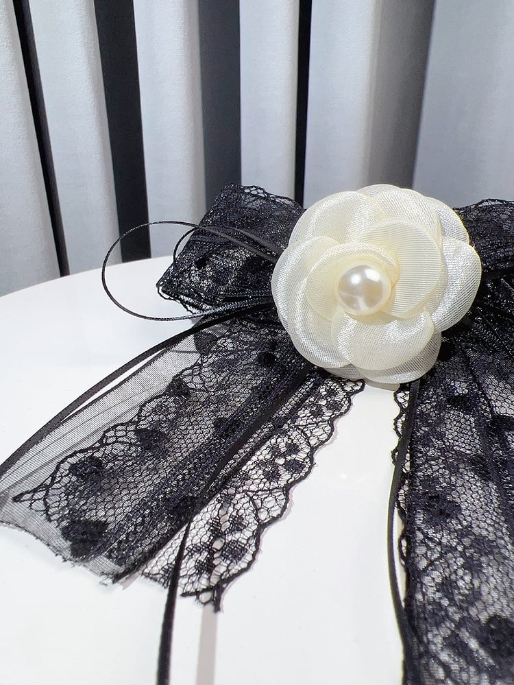 Black&White Beaded Decorated Camellia Design Bow Tie