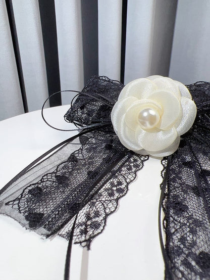 Black&White Beaded Decorated Camellia Design Bow Tie