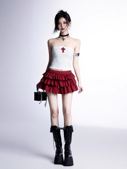 Gothic Red Cross Applique White Cropped Strapless Top/Red Cross Charms Tiered Skirt