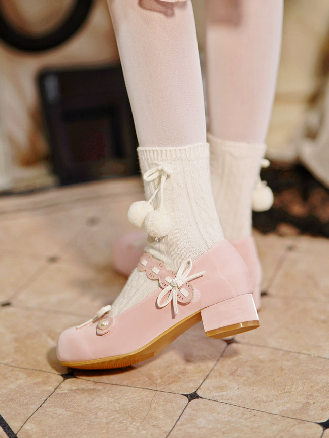 Pink Beaded Decorated Knotted Bow at Top Round Toe Lolita Shoes