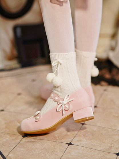 Pink Beaded Decorated Knotted Bow at Top Round Toe Lolita Shoes