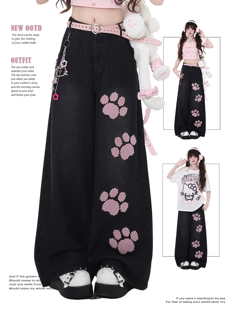 Pink Paw Embroidery Black Low Waist Straight-Leg Jeans