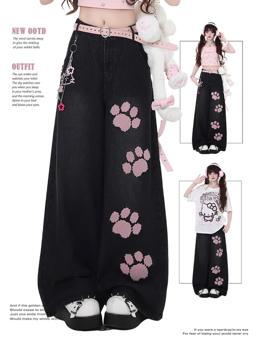 Pink Paw Embroidery Black Low Waist Straight-Leg Jeans
