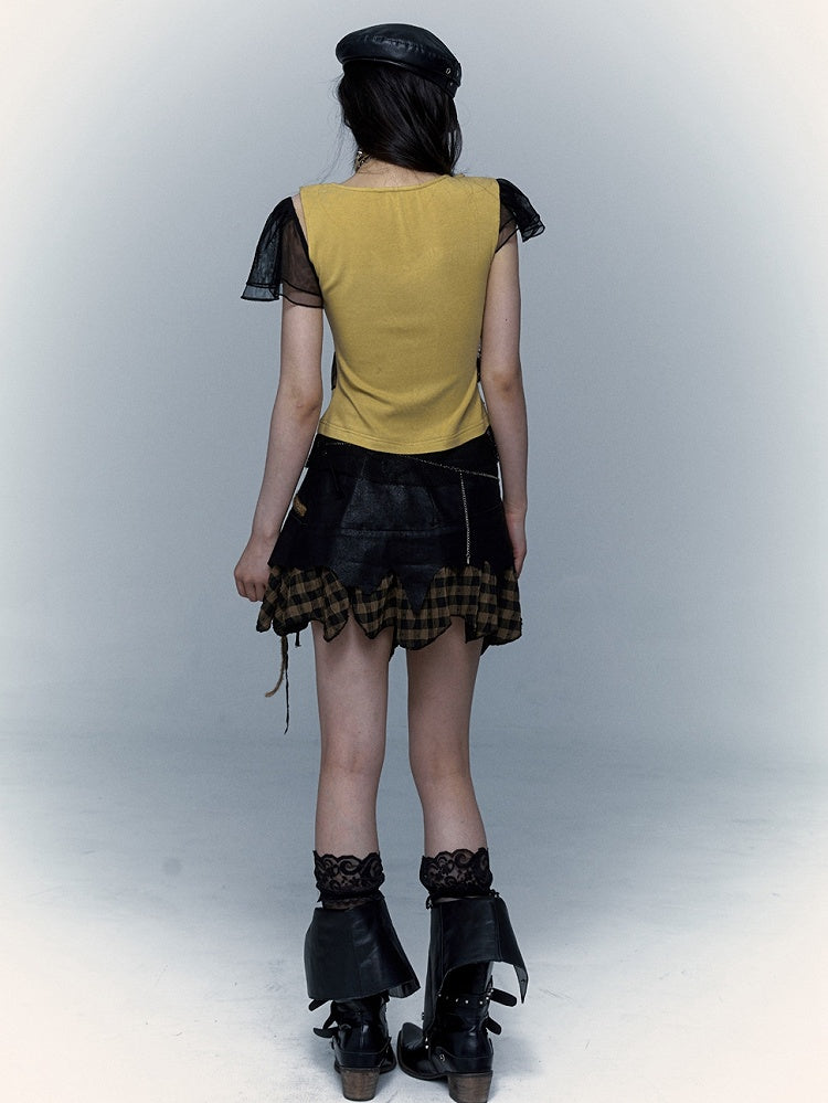 Rhinestones Decorated Yellow and Black Punk Rock Cross Print Asymmetrical T-shirt