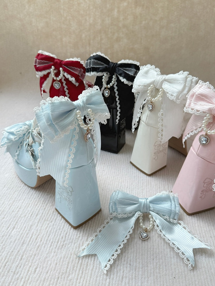PU White Elegant Lolita Mary Janes - High Block Heel Design, Rhinestone Decor Bow & Striped Straps