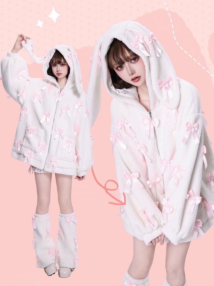 Allover Pink Bows Jirai Kei Bunny Ears Hooded White Fleece Zip Hoodie