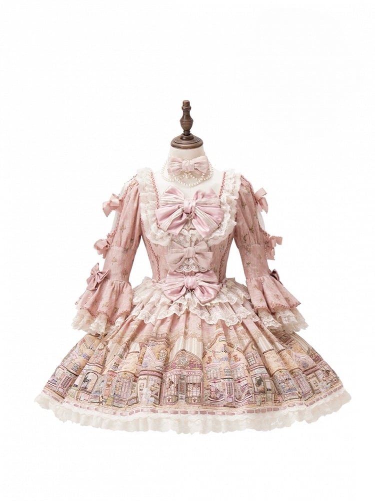 Fairytale Town Theme Pink Square Neckline Sweet Lolita Dress with Bow Accents