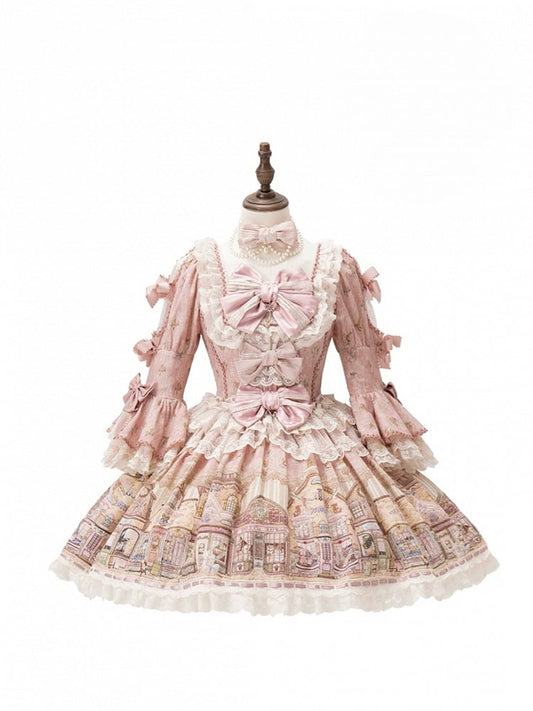 Fairytale Town Theme Pink Square Neckline Sweet Lolita Dress with Bow Accents