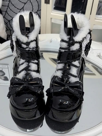 Black Bunny Ear Design Bow Accents Fleeced Lined Lolita Platform Ankle Boots